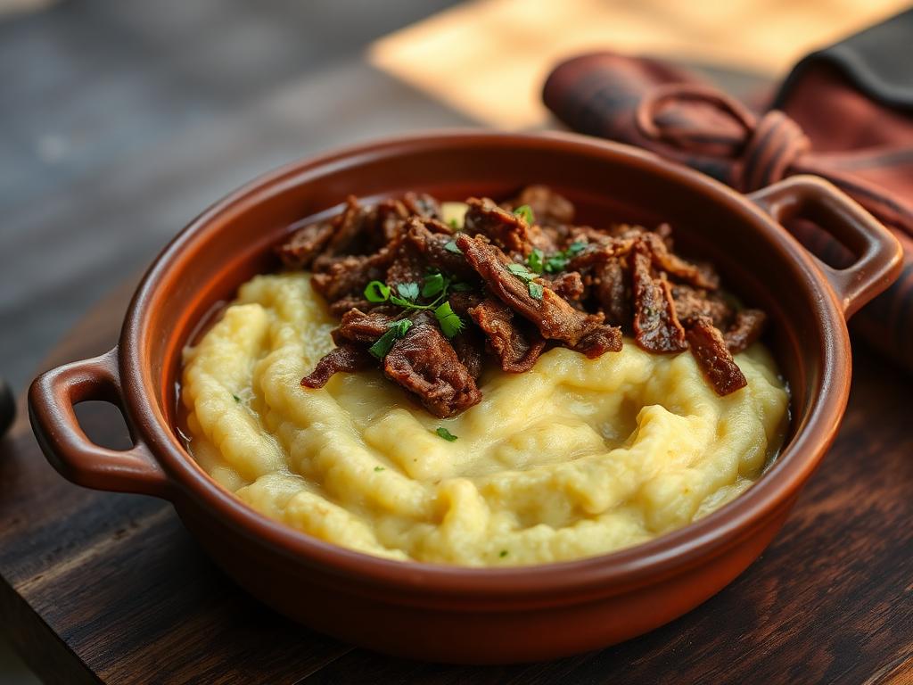 Escondidinho de mandioca com carne ao molho artesanal da casa — imagem ilustrativa
