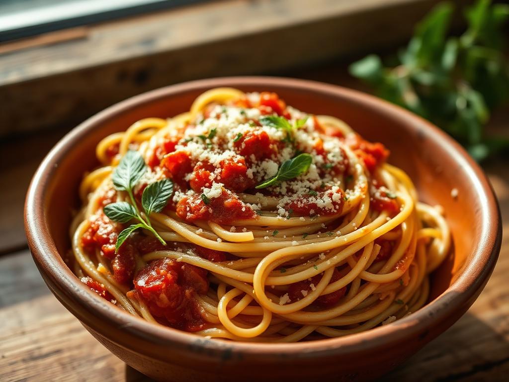 Espaguete com molho de tomates da casa, queijo e ervas frescas — imagem ilustrativa